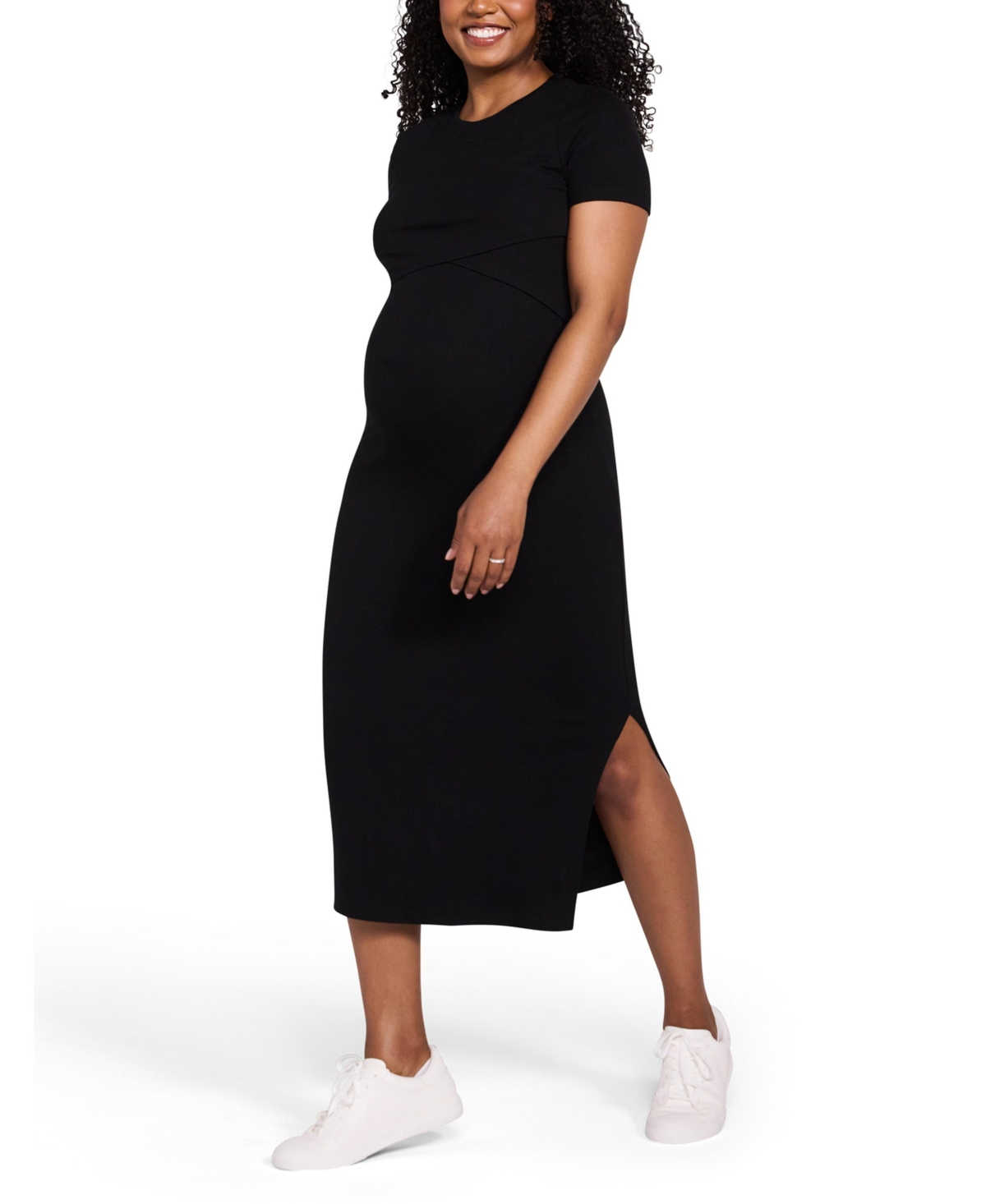 Motherhood Maternity Crew Neck Short Sleeve Nursing Midi Dress
