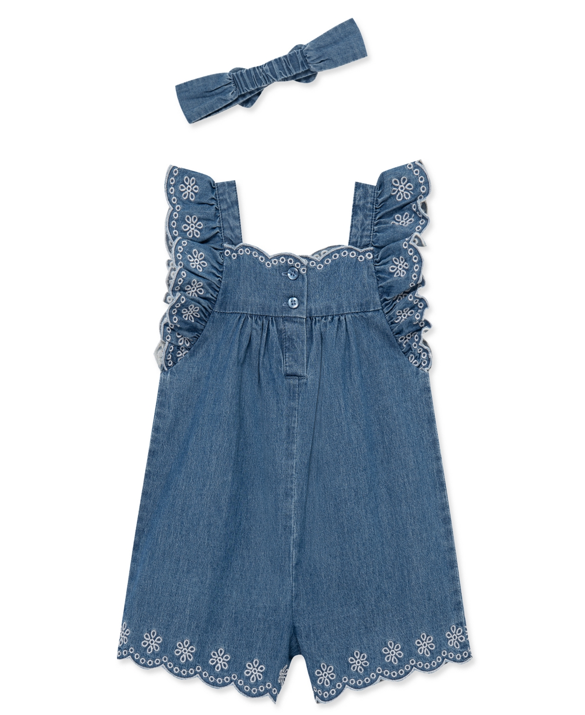 Little Me Baby Girls' Chambray Woven Romper & Headband, 2-Piece Set