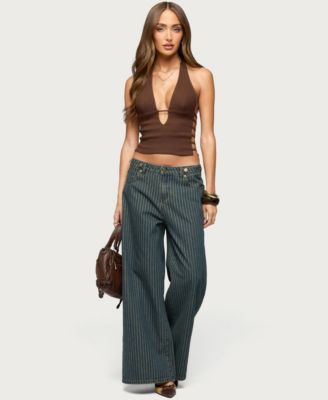 Women's Button Pinstripe Low Rise Baggy Jeans