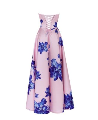 Womens Dainty pink A-line maxi dress with blue-flowered pattern