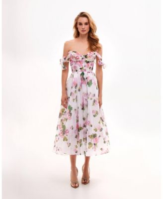 Womens Tender Floral Midi Tie-Strap Dress