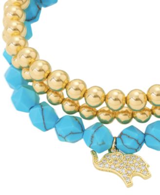Blue Turquoise and Cubic Zirconia Elephant Pendant Trio Stretch Bracelet Set