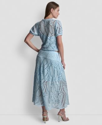 Women's Leaf Crochet Short-Sleeve Top and Crochet Leaf Pull-On Midi Skirt