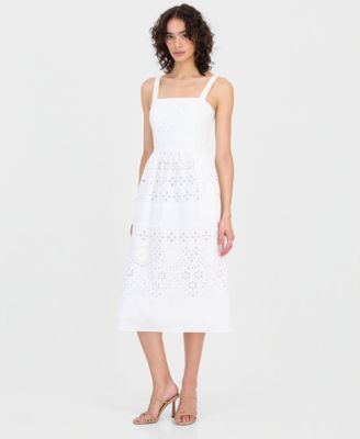 Women's Square-Neck Sleeveless Eyelet Midi Dress
