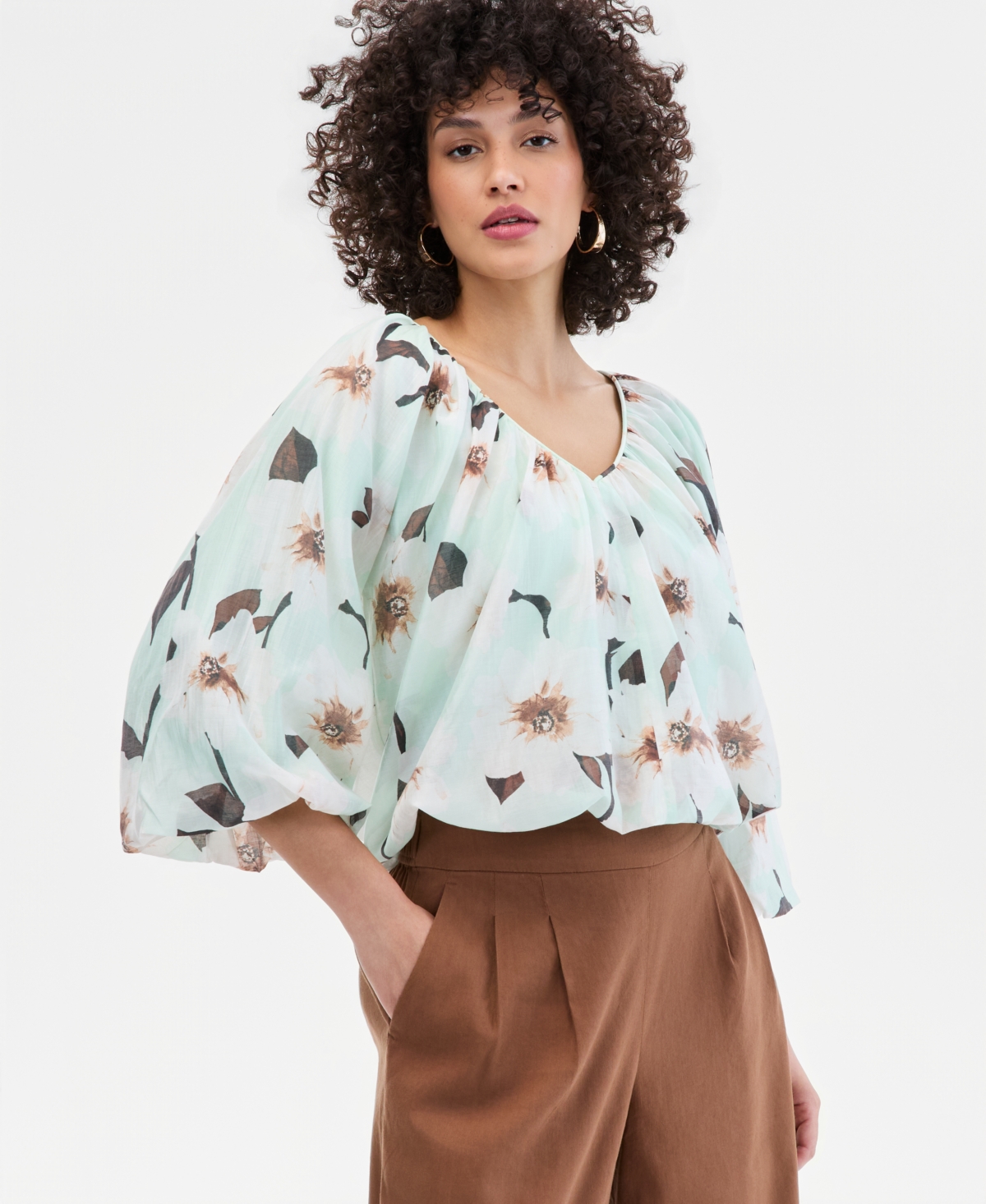 I.n.c. International Concepts Women's Printed Puff-Sleeve Bubble Blouse, Macy's Exclusive