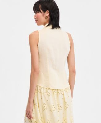 Women's Sleeveless Collared Linen Button-Down Shirt