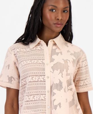 Petite Lace Short-Sleeve Camp Shirt