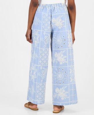 Petite Embroidered Cotton Wide-Leg Pants