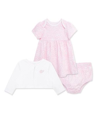 Baby Girls' Rose Printed Dress, Cardigan and Diaper Cover, 3-Piece Set