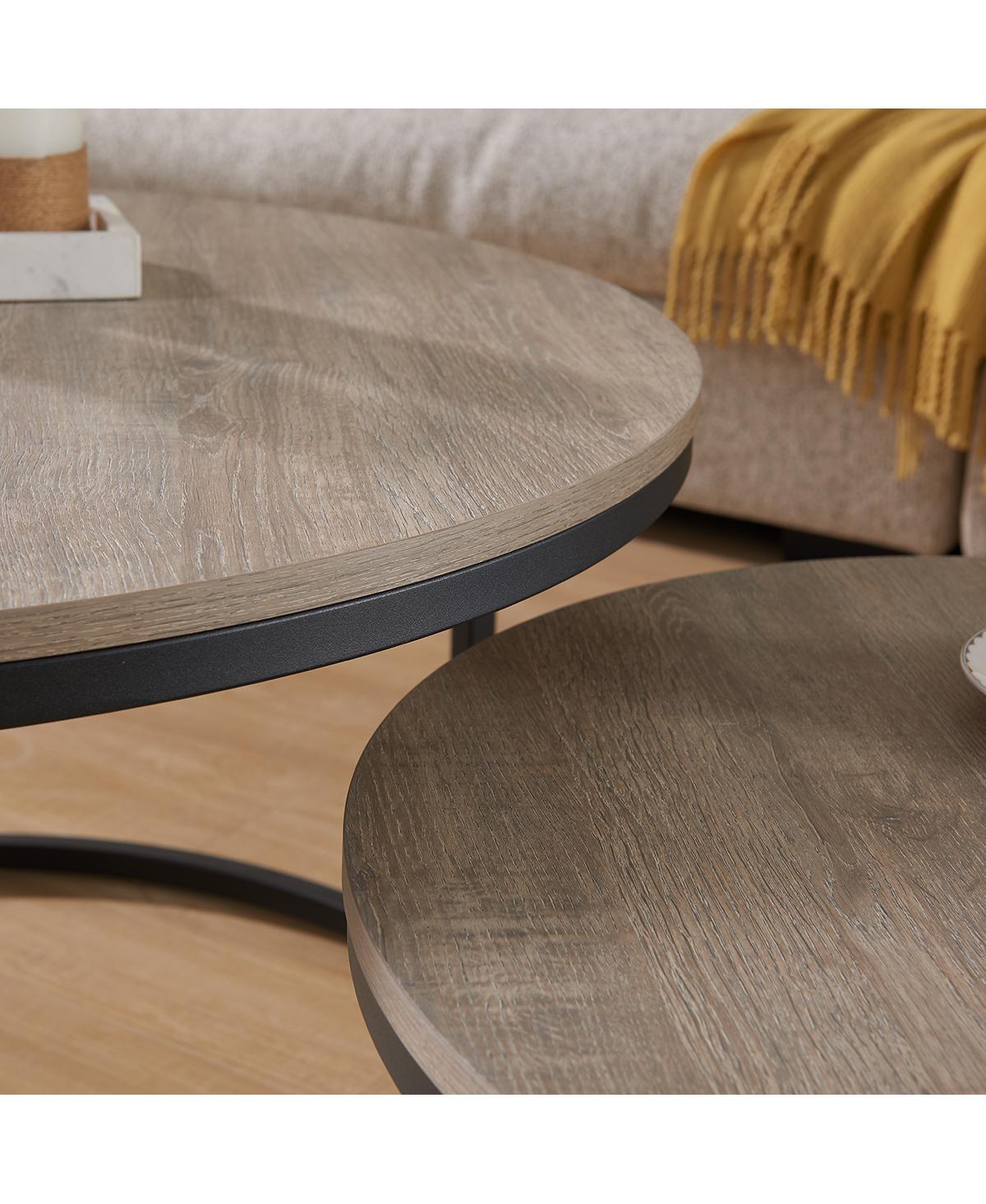 Streamdale Furniture Round Nesting Coffee Table Set, 31.5" Gray Wash Oak & Metal, Industrial Accent Tables.
