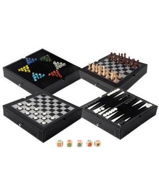 12.5" Premium Leather 5-in-1 Chess, Checkers, Backgammon, Poker Dice and Chinese Checkers Board Set