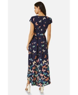 Women's Butterfly Print Dip Hem Midi Wrap Dress
