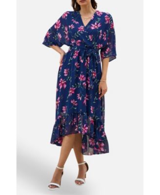 Women's Floral Kimono Wrap Dipped Hem Midi Dress