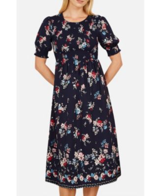 Women's Smocked Bodice Floral Ruched Midi Dress