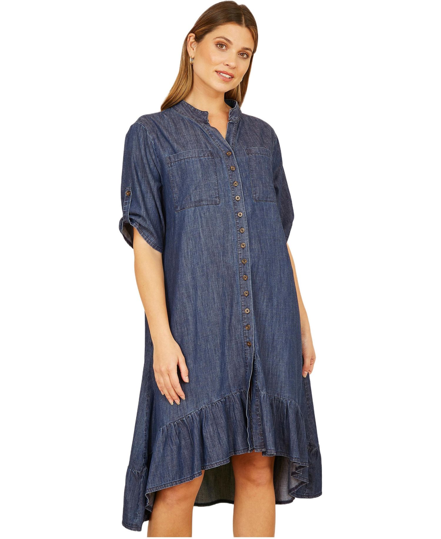 Women's Denim Dip Hem Relaxed Fit Shirt Dress