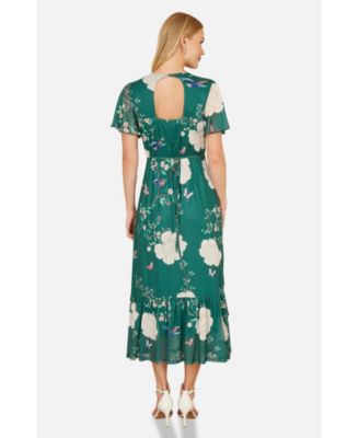 Women's Mesh Bird And Floral Print Midi Dress