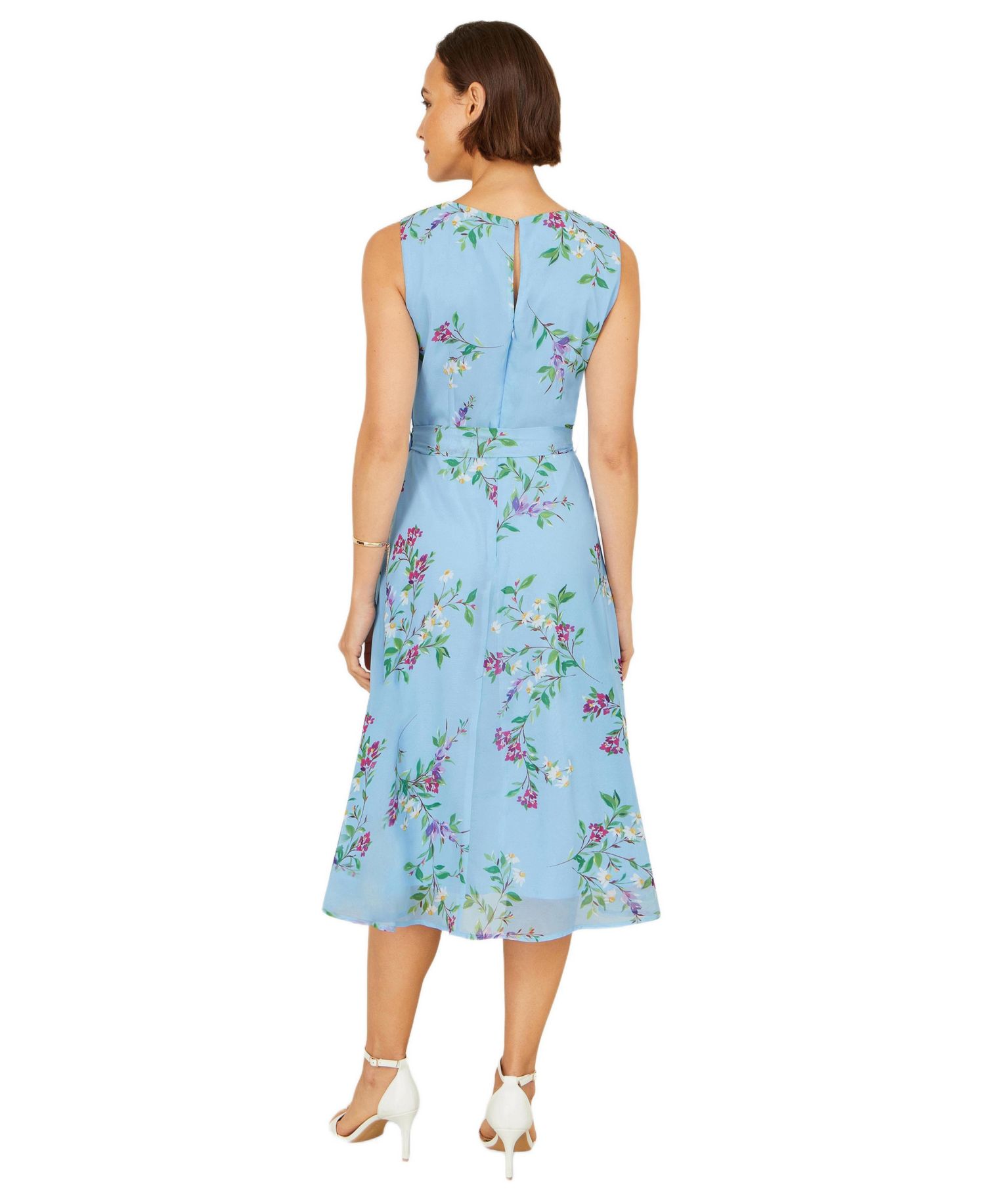 Women's Sleeveless Tie Waist Printed Midi Dress