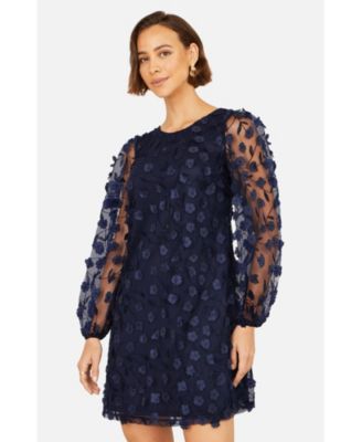 Women's Long Sleeve Floral Applique Tunic Dress