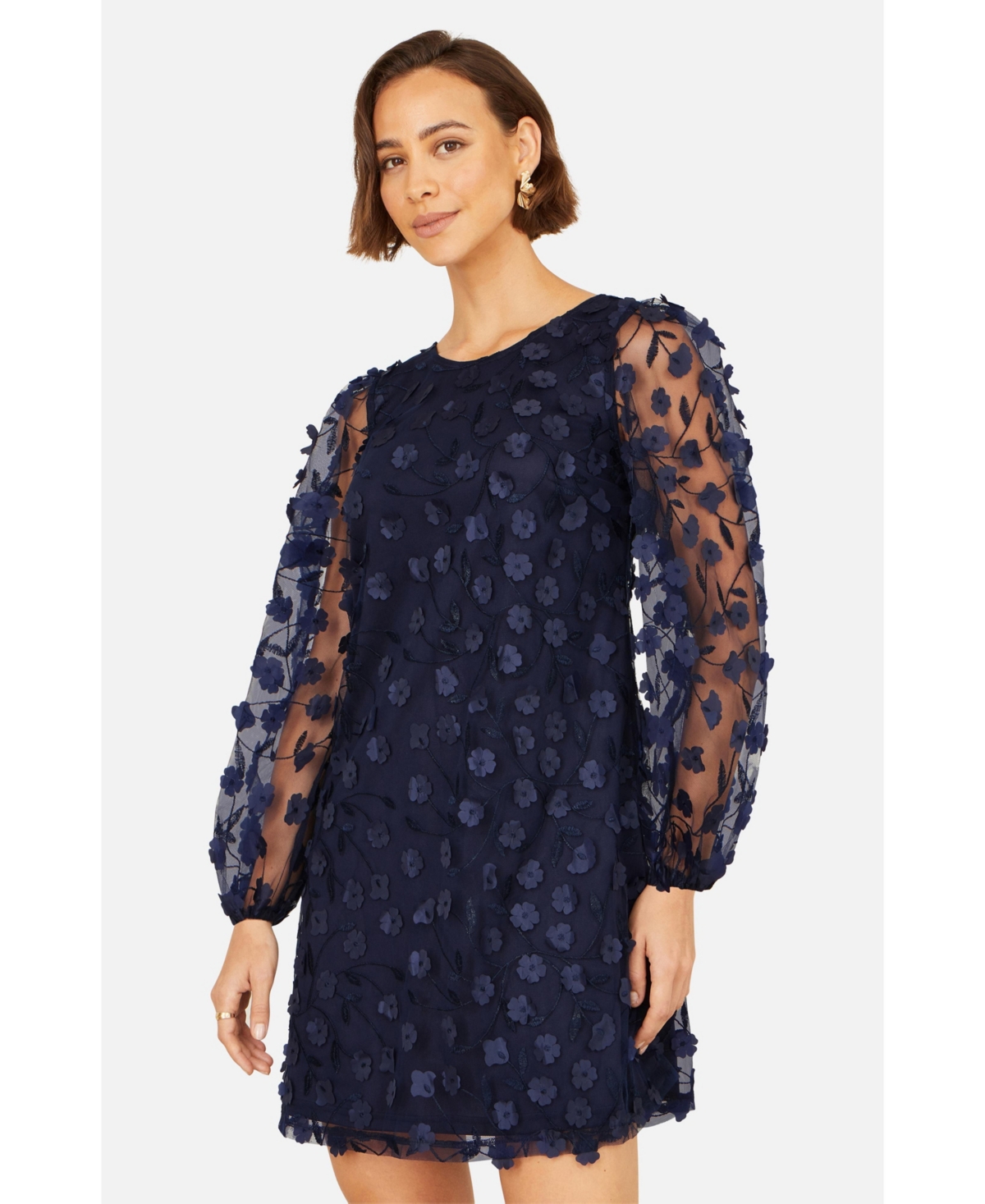 Yumi Women's Long Sleeve Floral Applique Tunic Dress