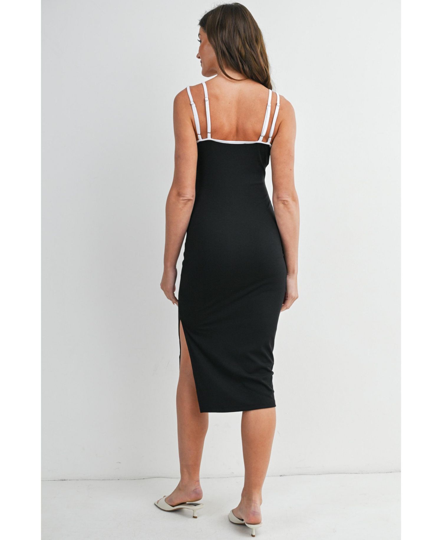 Women's Ribbed Bodycon Midi Dress with Double Straps and Side Slit