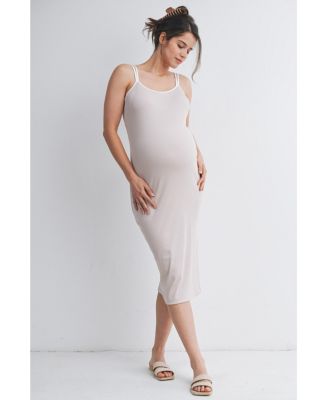 Maternity Ribbed Bodycon Midi Dress with Double Straps and Side Slit