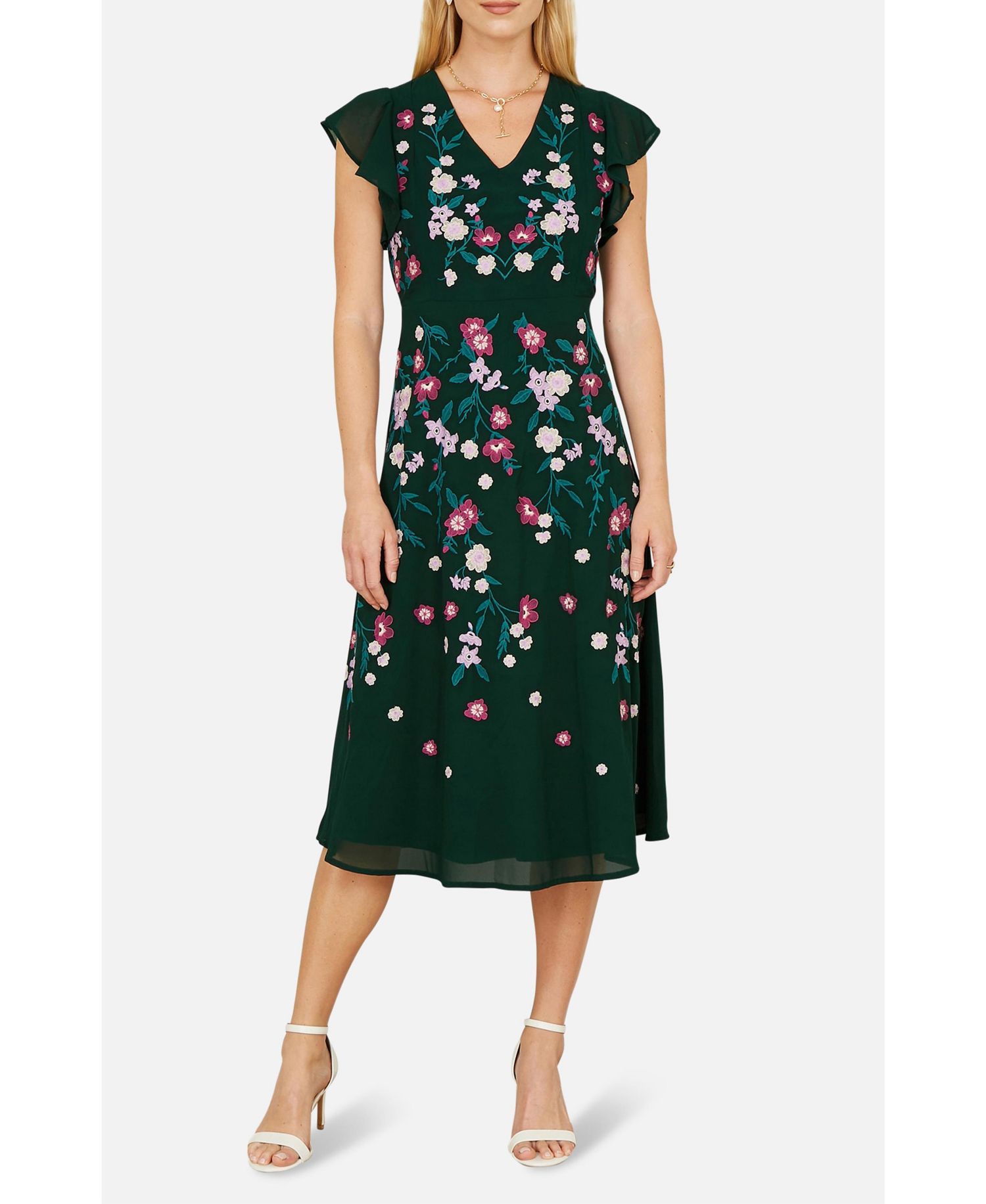 Women's Floral Embroidered V-Neck Midi Dress
