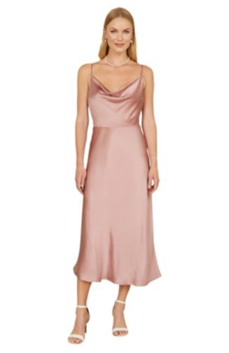 satin cowl neck knee length dress in blush Bebe Satin Cowl Neck Slip Midi Dress - Pink