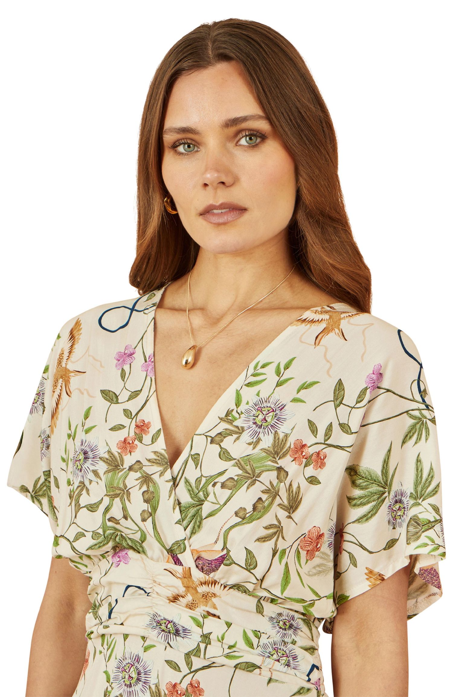 Women's Floral Print Ruched Waist Midi Dress