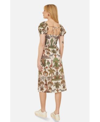 Women's Cotton Safari Print Ruched Midi Dress