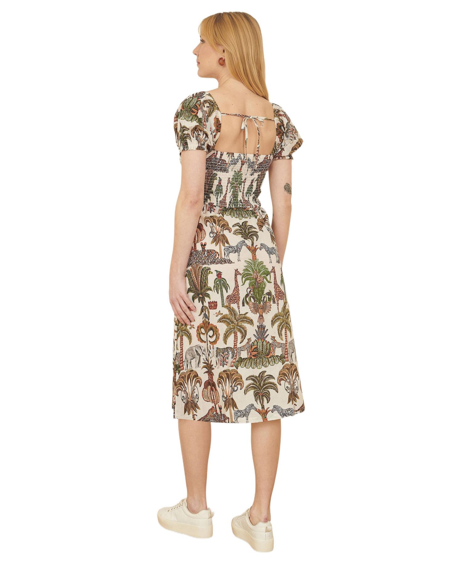 Women's Cotton Safari Print Ruched Midi Dress