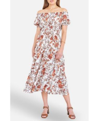 Women's Floral Ruched Waist Midi Dress