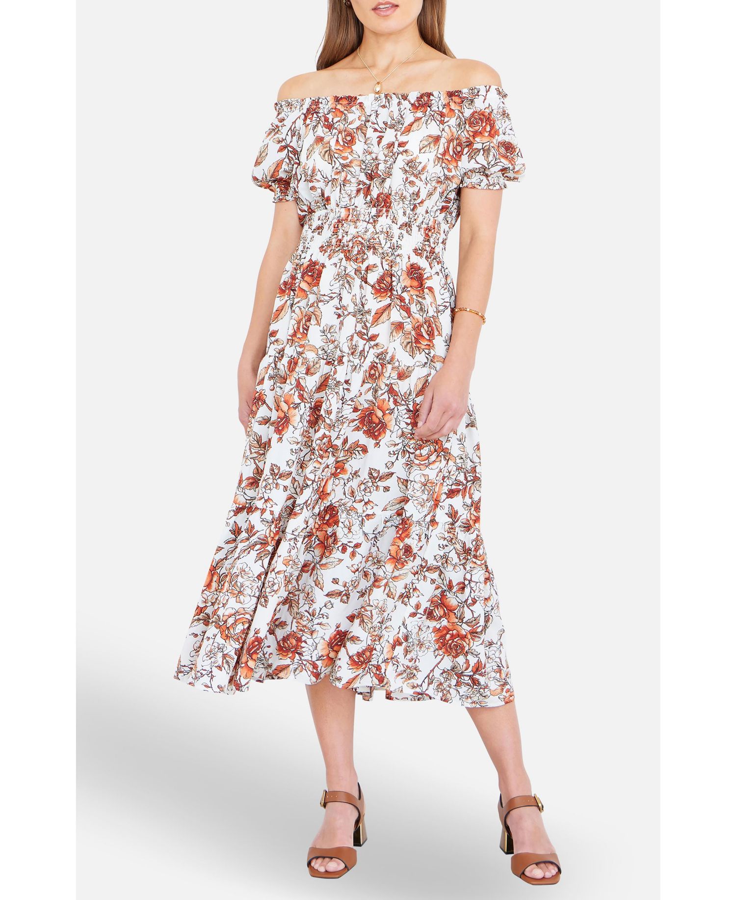 Women's Floral Ruched Waist Midi Dress