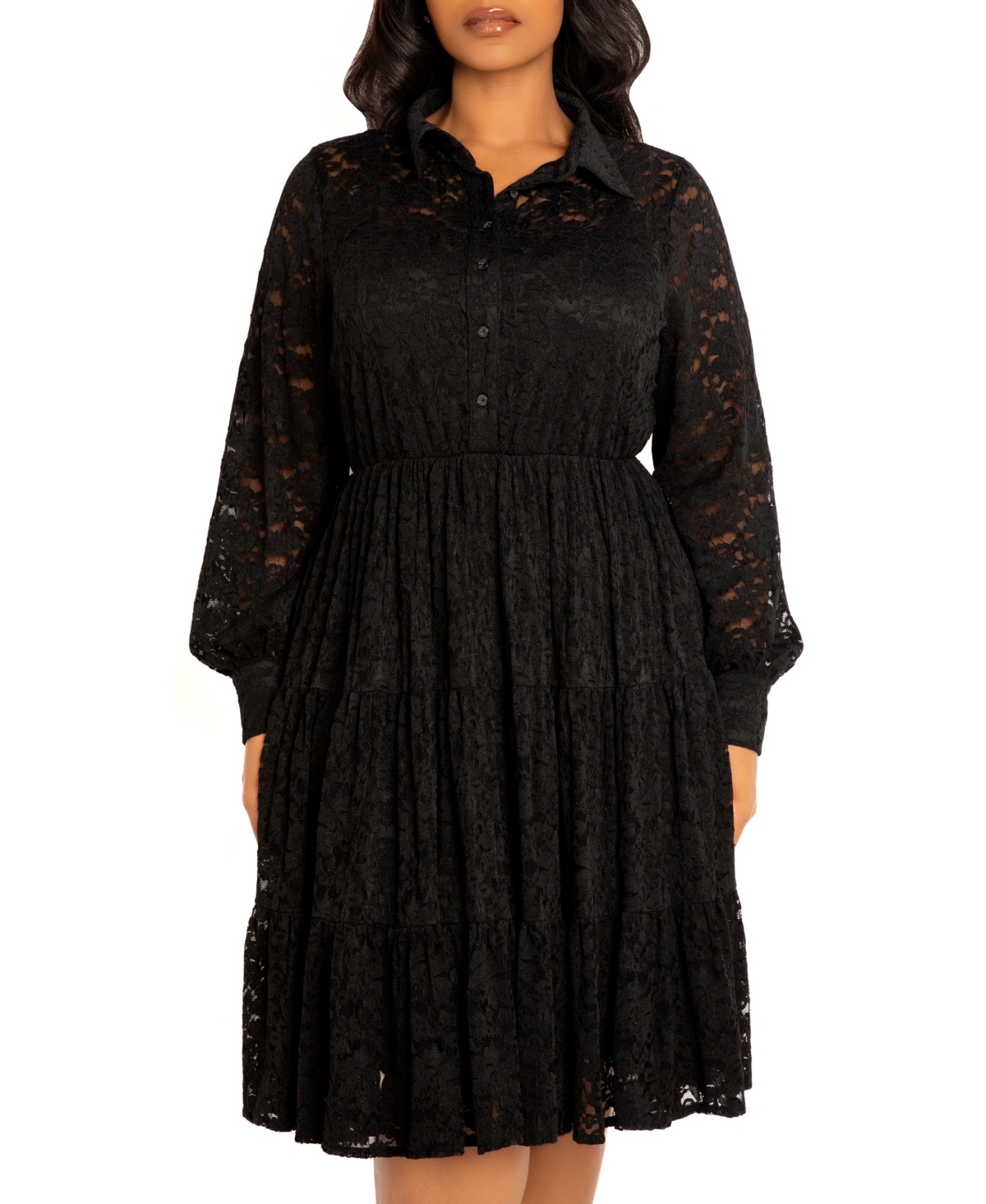 Buxom Couture Women's Plus Lace Long Sleeve Tiered Shirt Dress