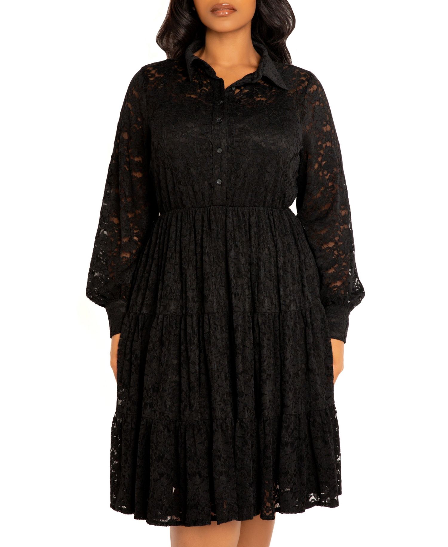 Women's Plus Size Lace Long Sleeve Tiered Shirt Dress