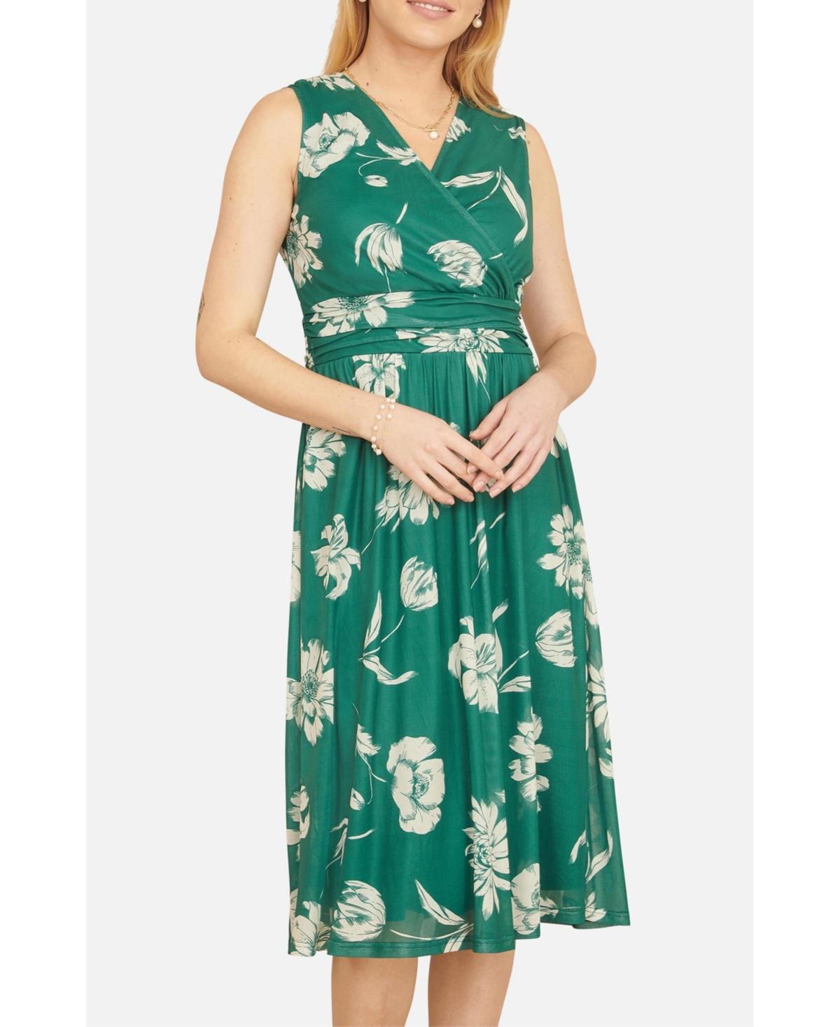 Yumi Women's Floral Print Stretch Mesh Dress