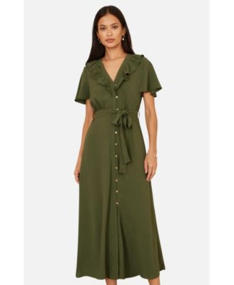 Women's Ruffle Collar Midi Shirt Dress