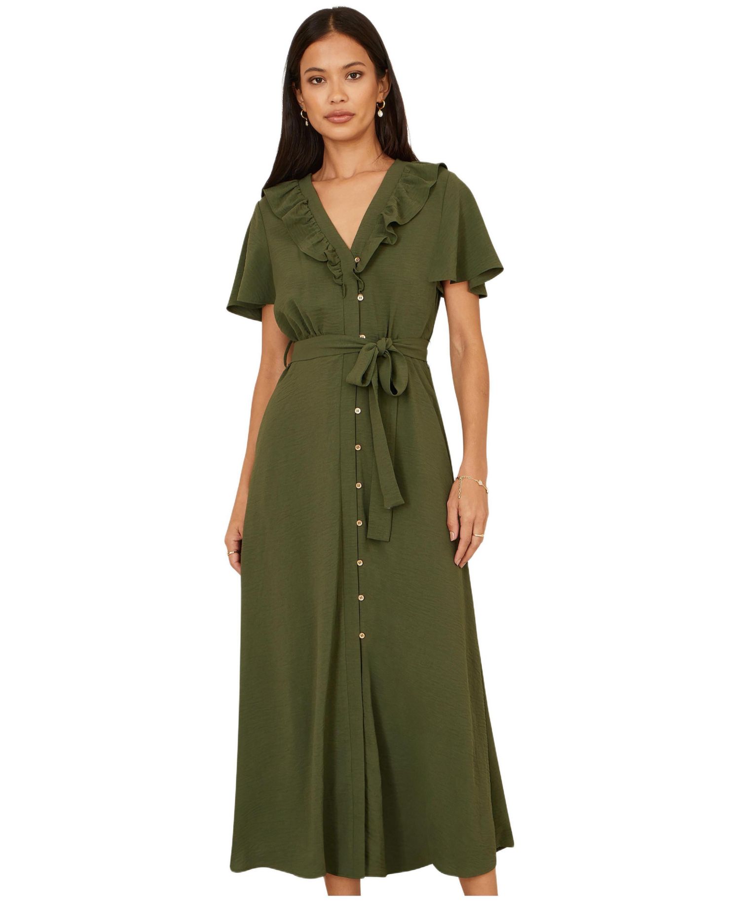 Women's Ruffle Collar Midi Shirt Dress