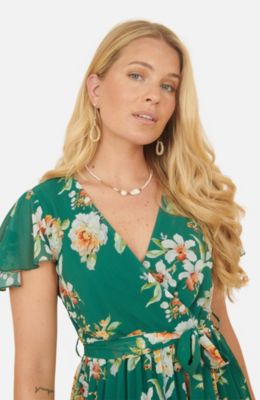 Women's Pleated Floral Tie-Waist Wrap Midi Dress