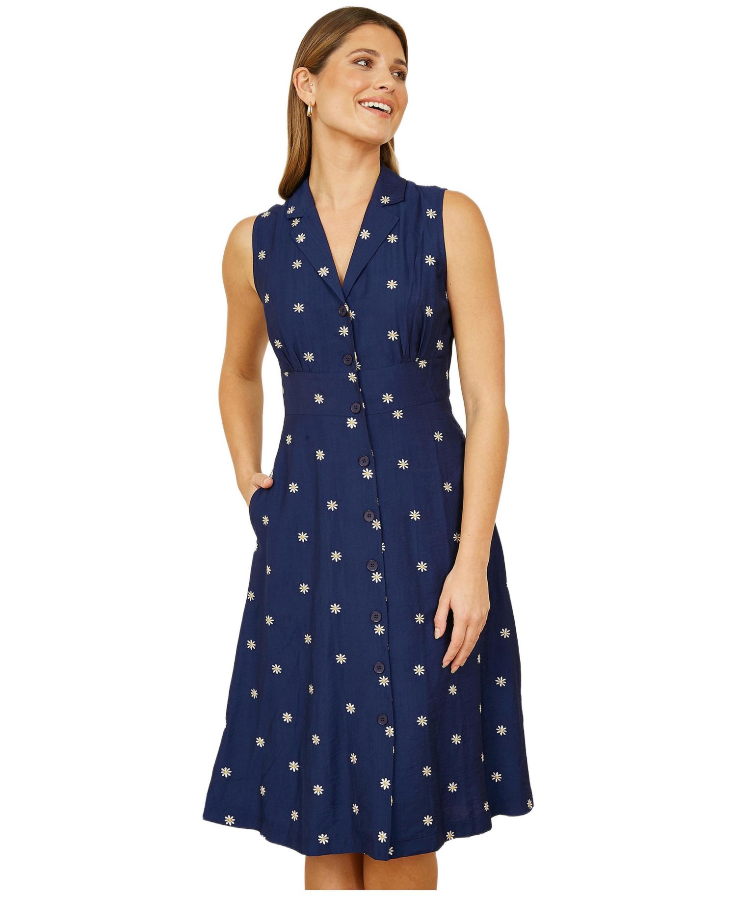 Women's Daisy Print Sleeveless Shirt Dress
