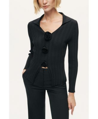 Women's Floral Embellished Ribbed V-Neck Sweater