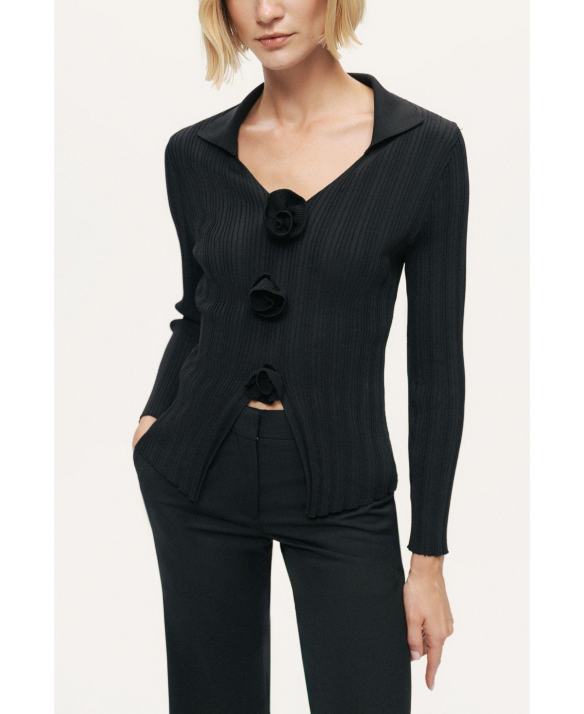 Nocturne Women's Floral Embellished Ribbed V-Neck Sweater