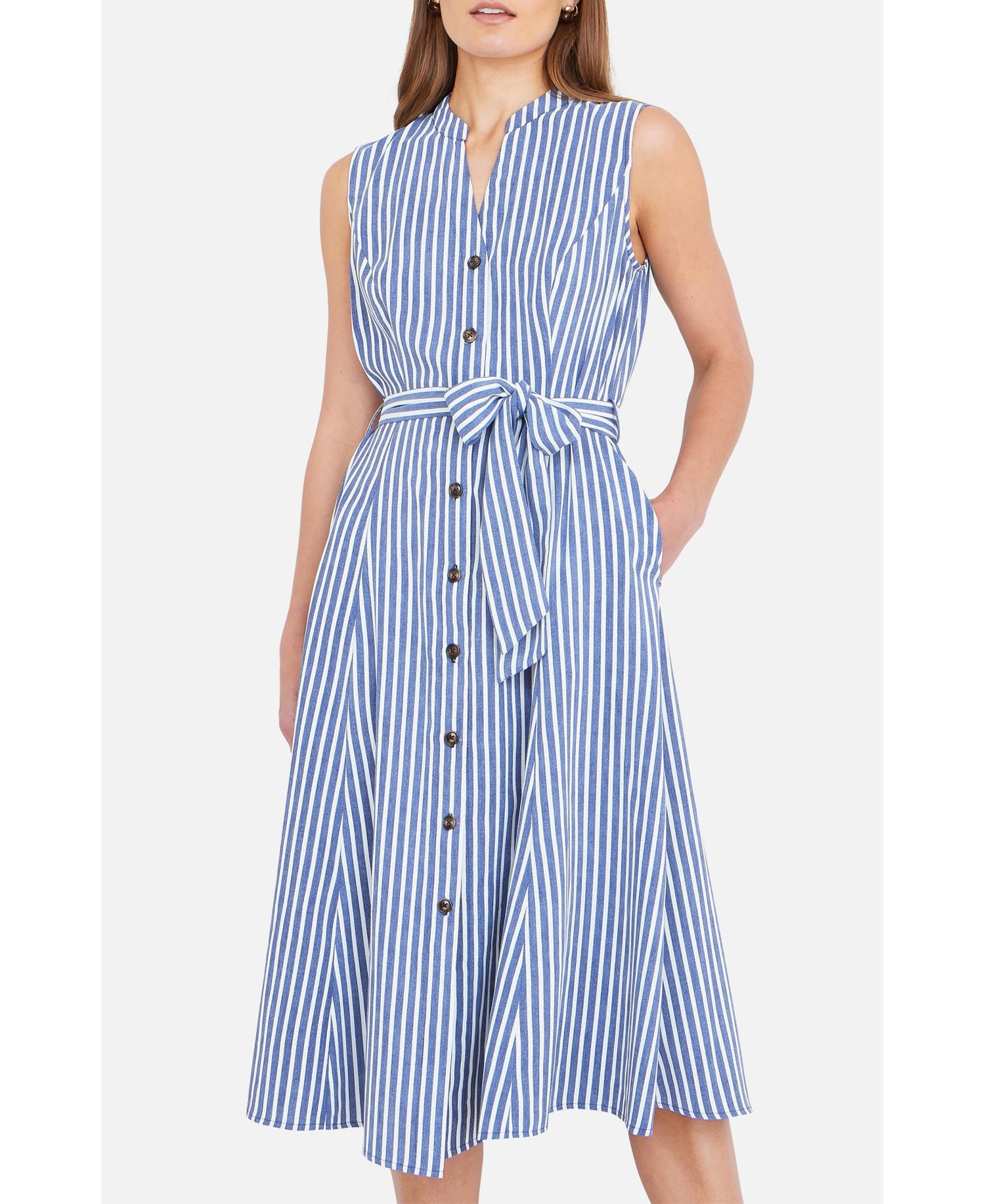 Women's Stripe Midi Sleeveless Shirt Dress