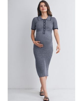 Women's Maternity Collared Ribbed Knit Midi Dress with Button-Front Nursing Access