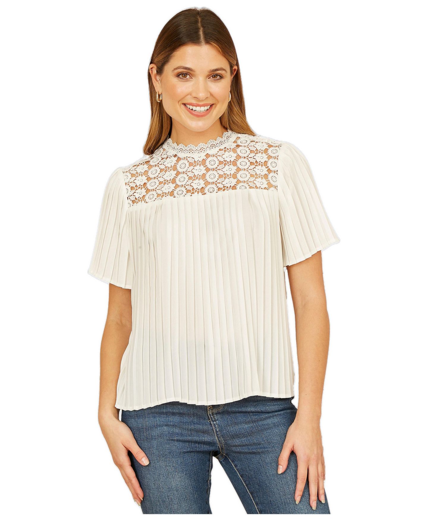 Женский топ Yumi Lace Panel Pleated Short Sleeve, цвет: Белый — фото 1