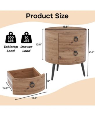 Round Side Table with Drawers Modern Night Stand with Storage Wooden Accent End Table Circle Bedside Table with Metal Legs for Living Room