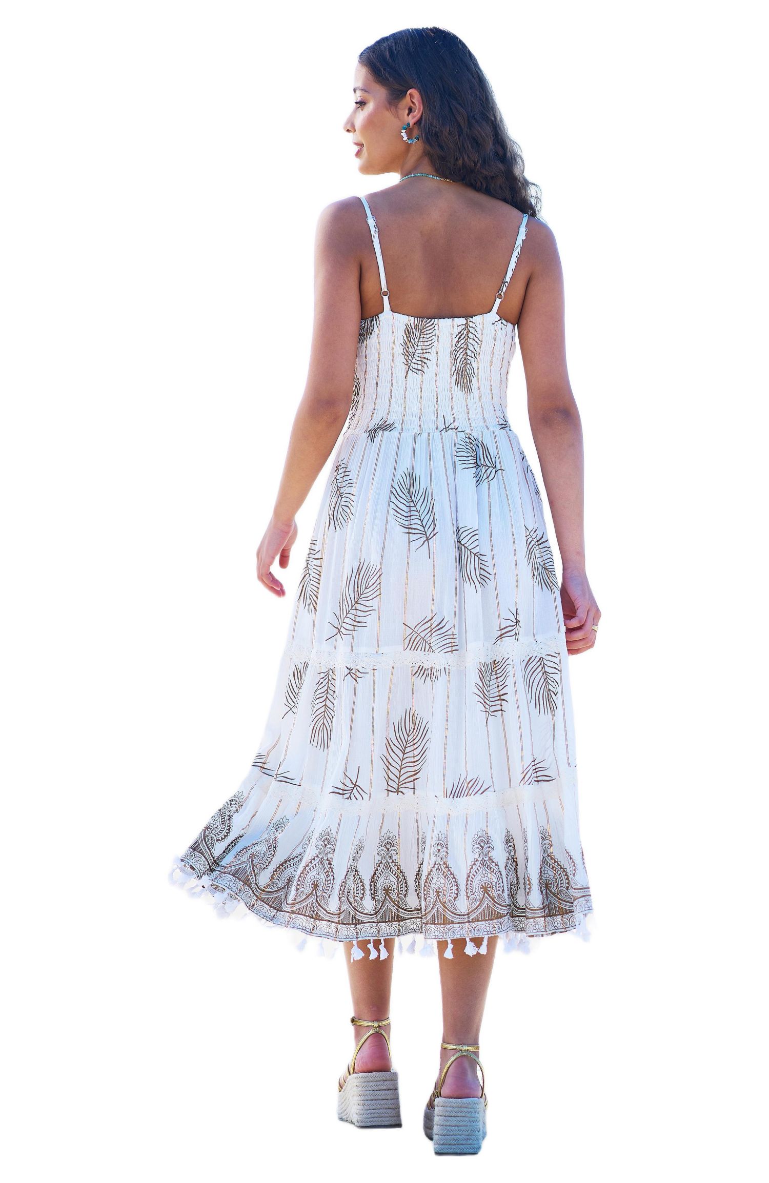 Women's Foil Print Lace Trim Midi Sun Dress