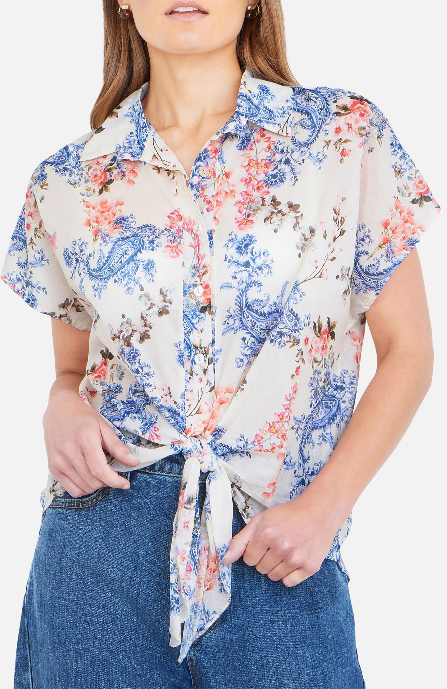 Женская рубашка Yumi Cotton Paisley Print Tie Knot, цвет: Белый — фото 4