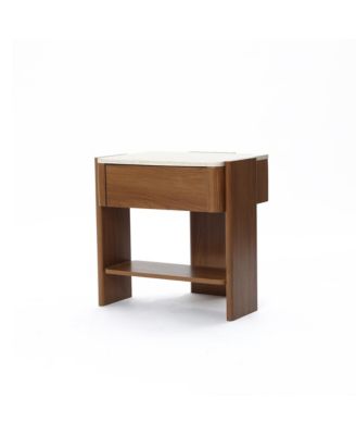 Faux Travertine Nightstand with Drawer and Open Shelf, MDF Wood Accent Side Table