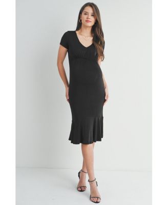 Maternity V-Neck Empire Waist Short Sleeve Midi Dress with Ruffle Hem
