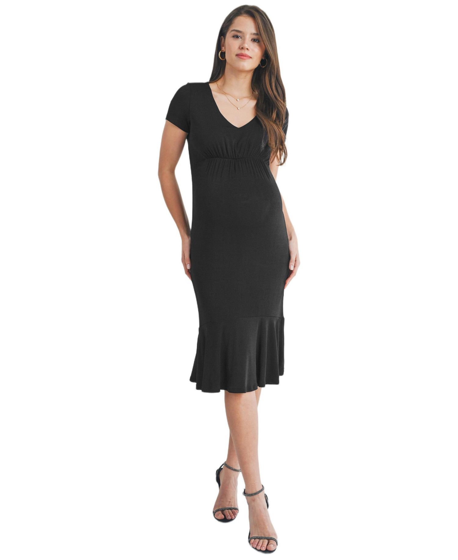Women's V-Neck Empire Waist Short Sleeve Midi Dress with Ruffle Hem
